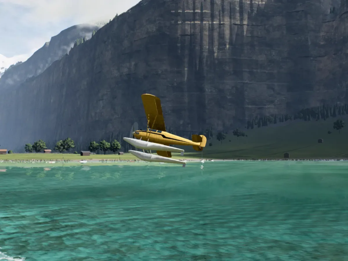 The floatplane just off the water, nose high, floats clear of the lake, a cliff behind.