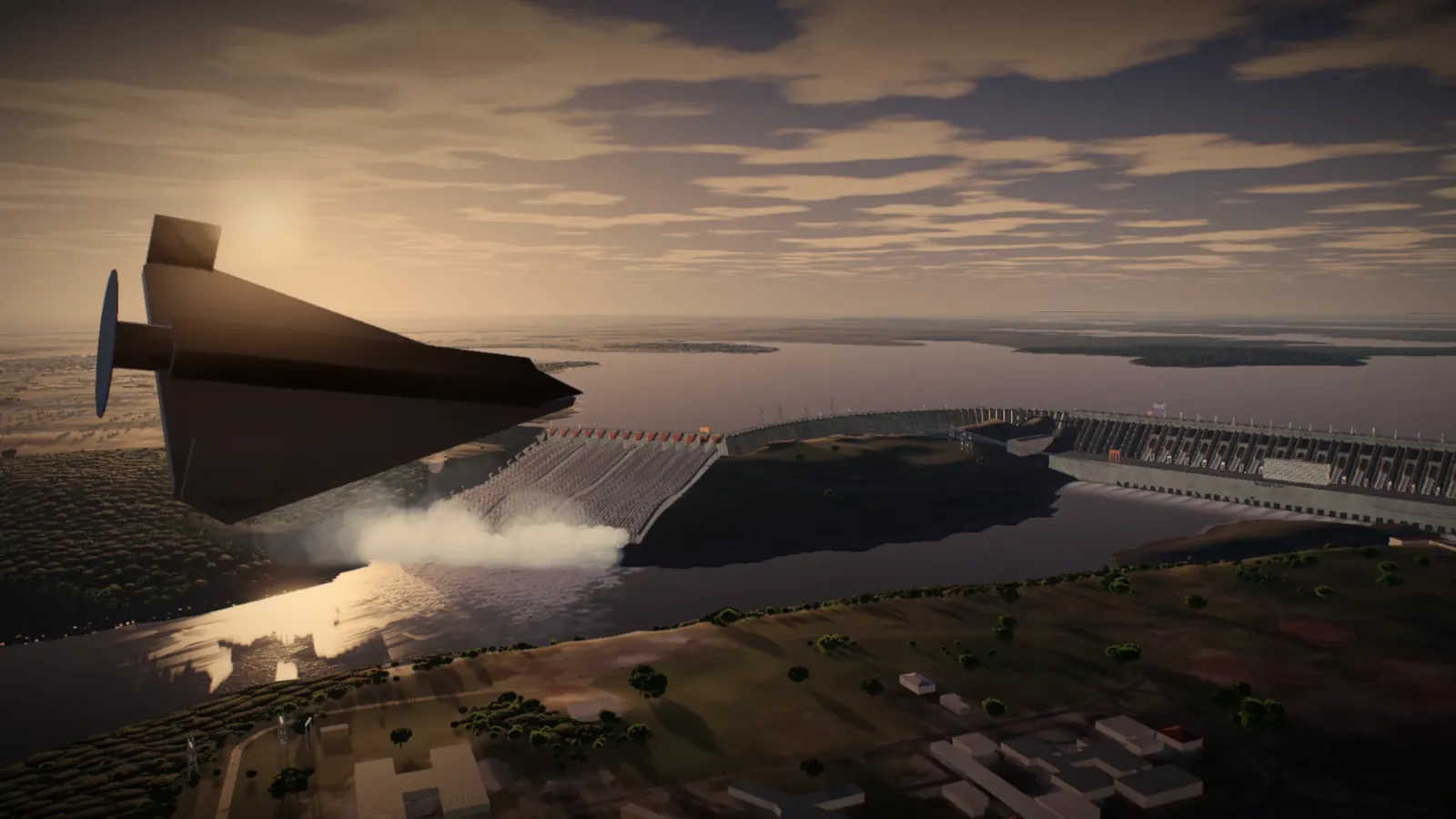 A still from the game at sunset: a Striker, a delta wing with a pusher propeller, dives toward the Itaipu dam, its spillway throwing spray into the river.