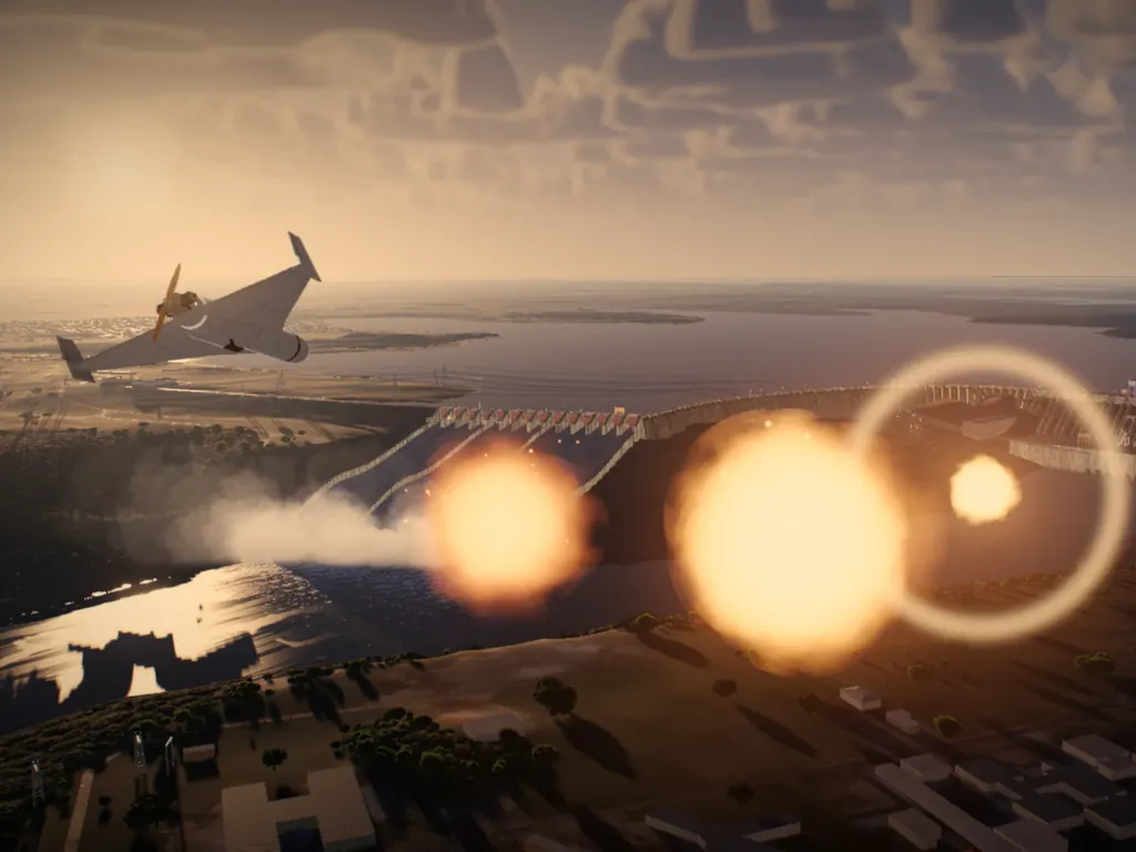 A still from the game: a Striker banks away over the Itaipu dam while three explosions burst against the dam and its spillway.