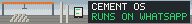 Cement OS: concrete poles in a plant yard under a gantry crane, and a phone with a WhatsApp chat. Runs on WhatsApp.